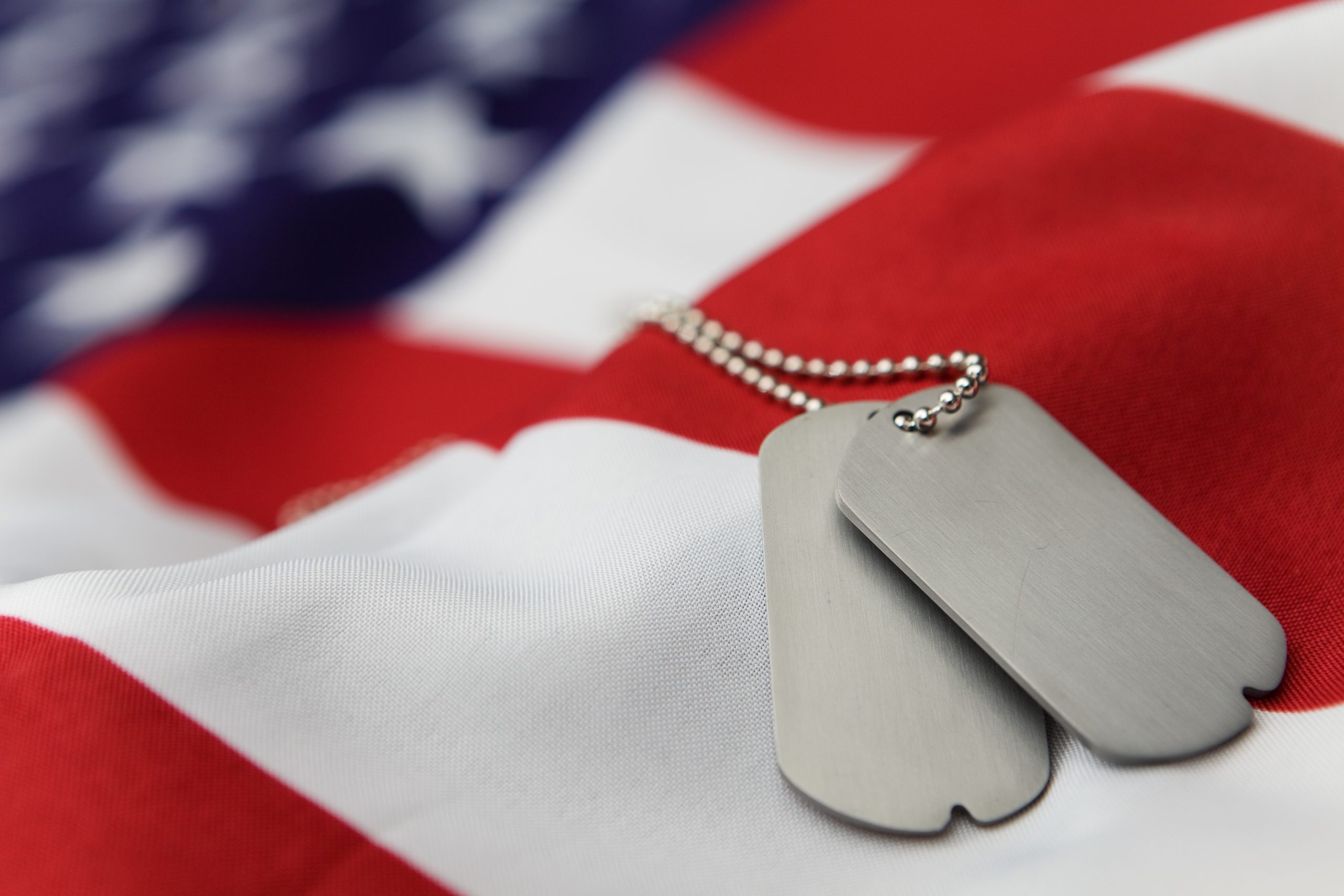 Military Dog Tags on top of an American Flag